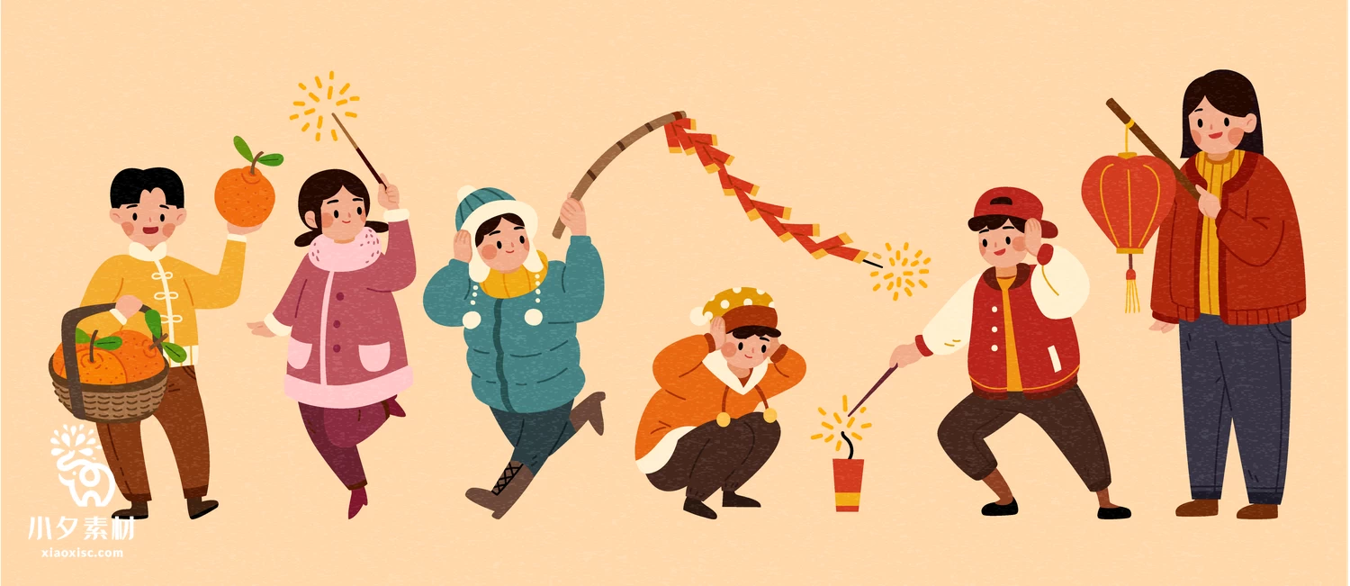 2023年新年春节舞狮鞭炮庆祝新春快乐元素图案插画AI矢量设计素材【006】